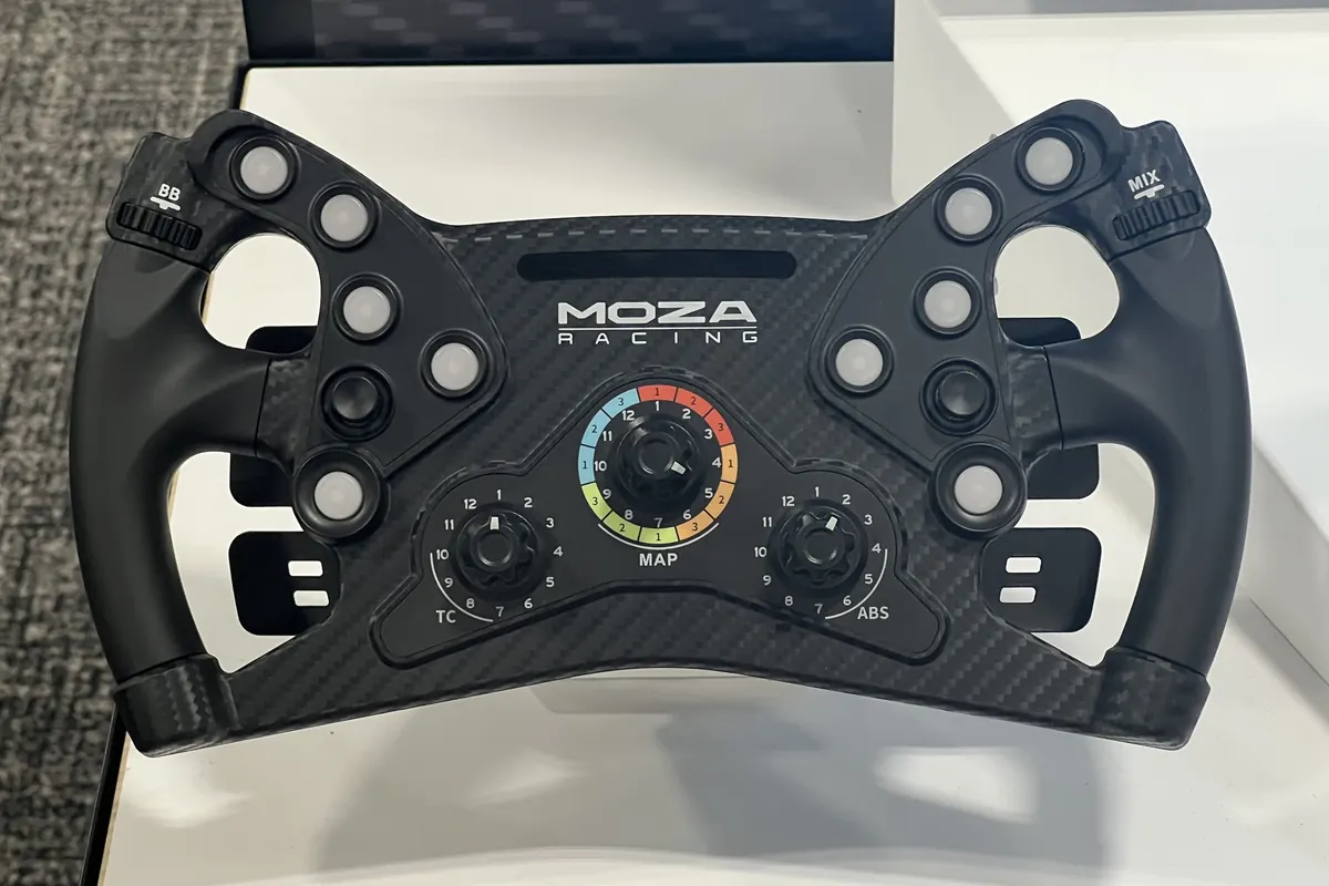 Moza KS steering wheel with buttons, rotary knobs and a colour rev-light ring