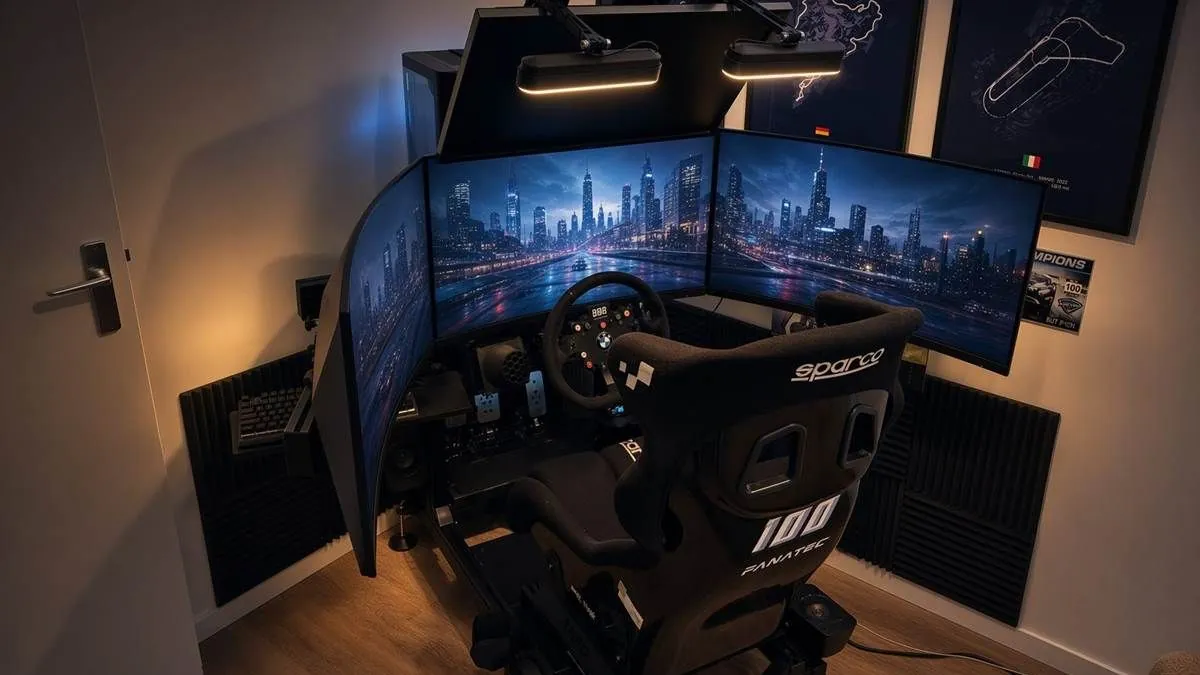 Sim racing cockpit with triple curved screens, steering wheel, pedals and a bucket seat